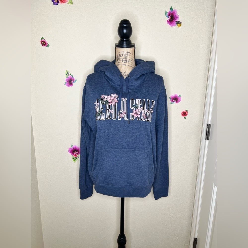 Aeropostale Embroidered Hooded Blue Gray Sweatshirt & Pants Size Large - Picture 2 of 16